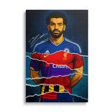 Modern pop art canvas wall art with a front-view portrait of a soccer icon in torn street art graffiti style.