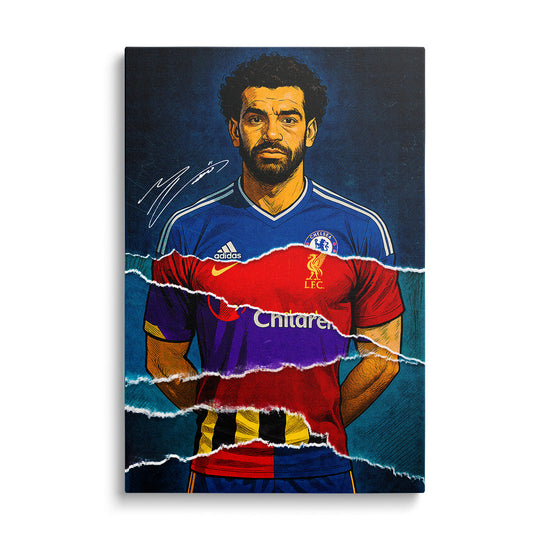 Modern pop art canvas wall art with a front-view portrait of a soccer icon in torn street art graffiti style.