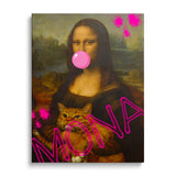 Pop art wall art of Mona Lisa blowing a pink bubble gum bubble and holding a cat, modern wall decor.