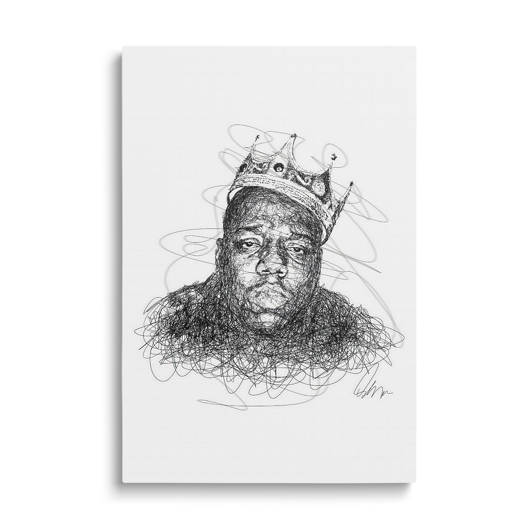 Modern pop art wall art with a black-and-white front-view portrait of a rapper wearing a crown and bold street art energy.