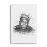 Modern pop art wall art with a black-and-white front-view portrait of a rapper wearing a crown and bold street art energy.