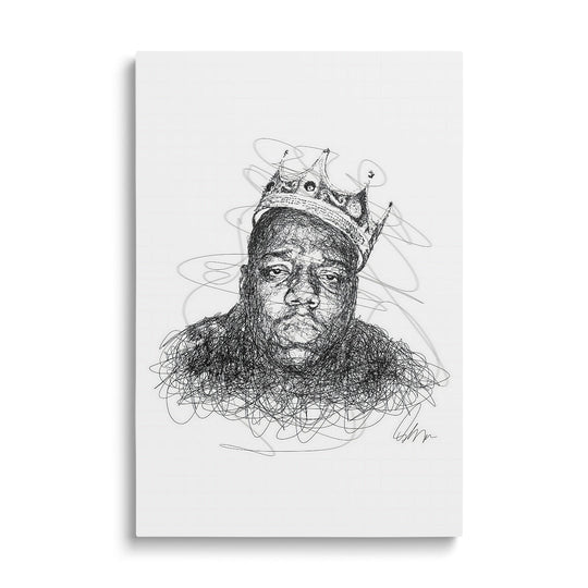 Modern pop art wall art with a black-and-white front-view portrait of a rapper wearing a crown and bold street art energy.