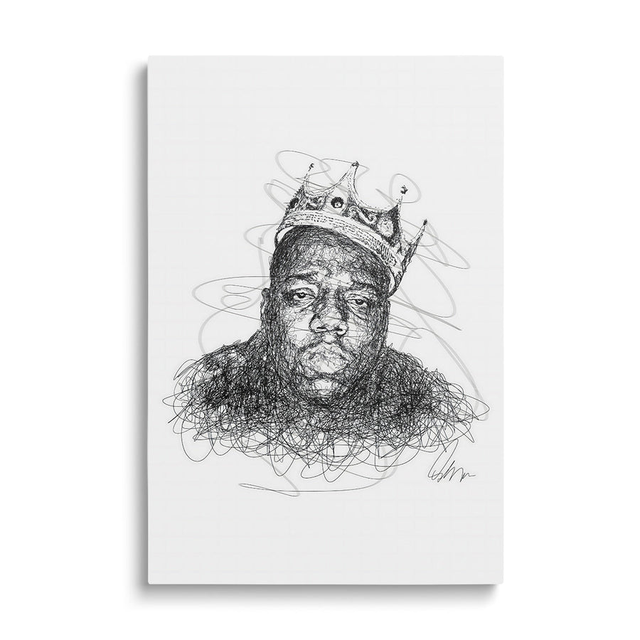 Modern pop art wall art with a black-and-white front-view portrait of a rapper wearing a crown and bold street art energy.