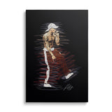 Pop art image of a rapper with a microphone in street art style, modern wall art on black canvas, front view.