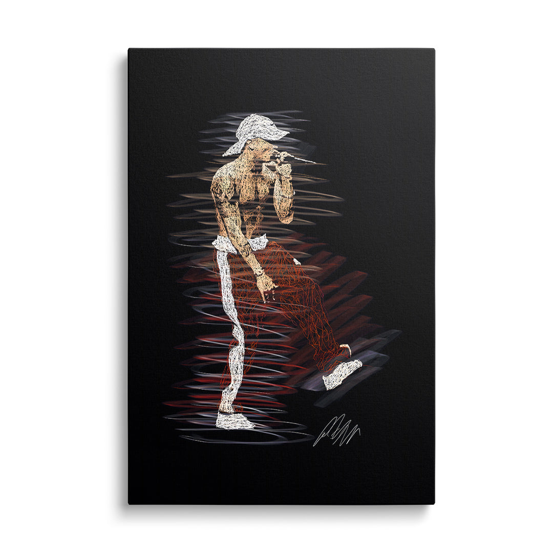 Pop art image of a rapper with a microphone in street art style, modern wall art on black canvas, front view.