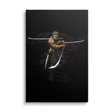 Modern canvas wall art featuring a manga warrior with three swords, front-view action illustration for the wall.