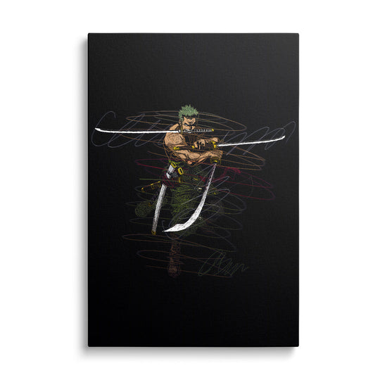 Modern canvas wall art featuring a manga warrior with three swords, front-view action illustration for the wall.
