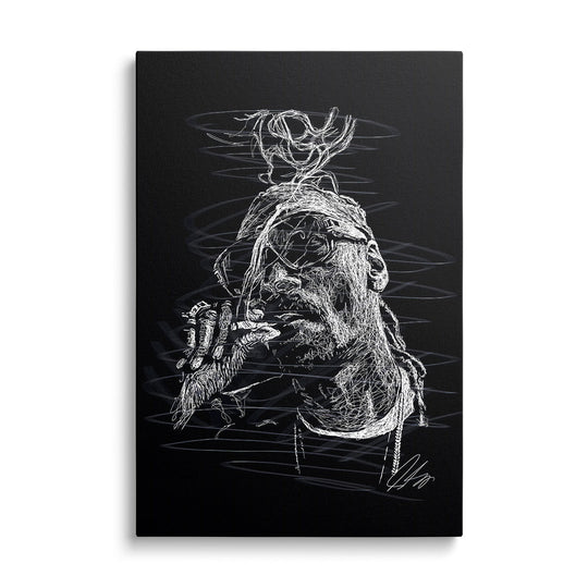 Modern canvas wall art with a black-and-white portrait of a rapper in street art pop art style, front view.