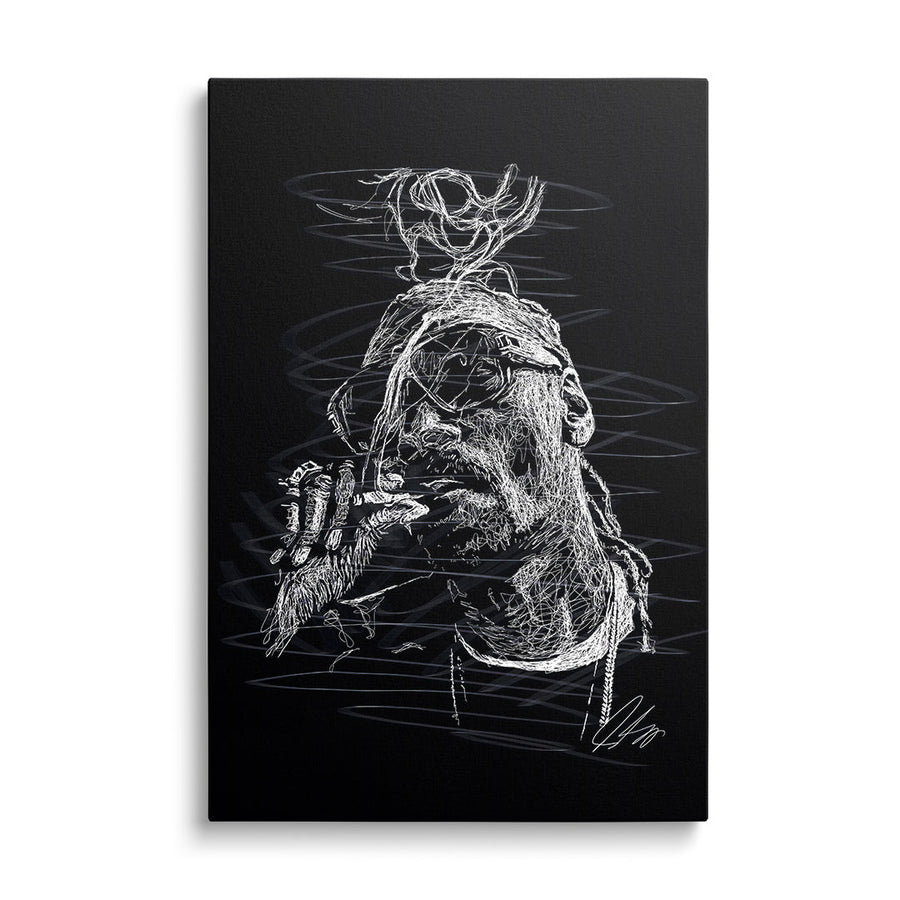 Modern canvas wall art with a black-and-white portrait of a rapper in street art pop art style, front view.