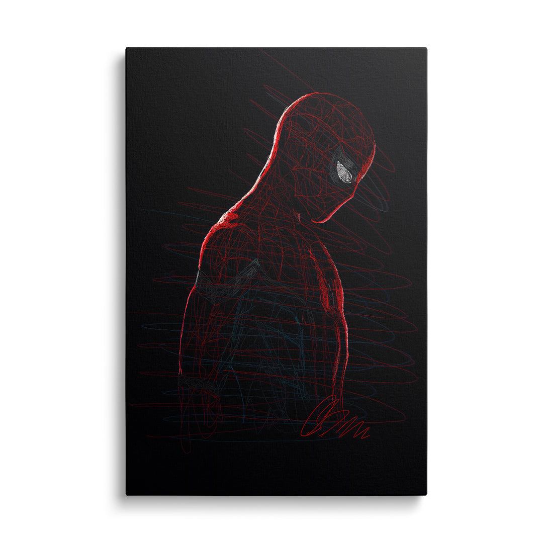 Pop art canvas print with a comic-style superhero portrait in red and blue, front view.