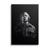 Modern motivational canvas wall art with a minimalist white line art silhouette of a man on a black background, front view.