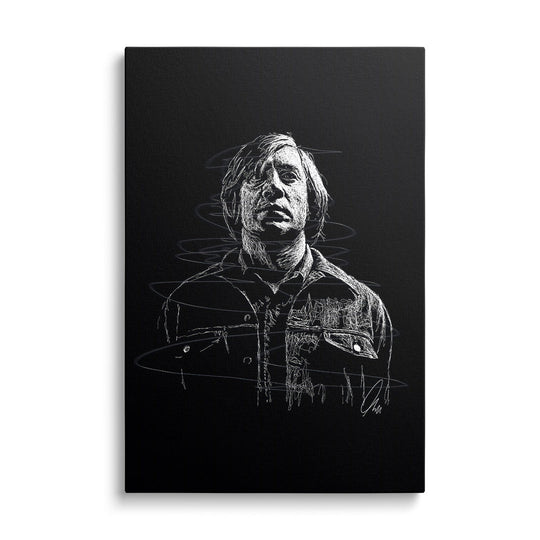 Modern motivational canvas wall art with a minimalist white line art silhouette of a man on a black background, front view.