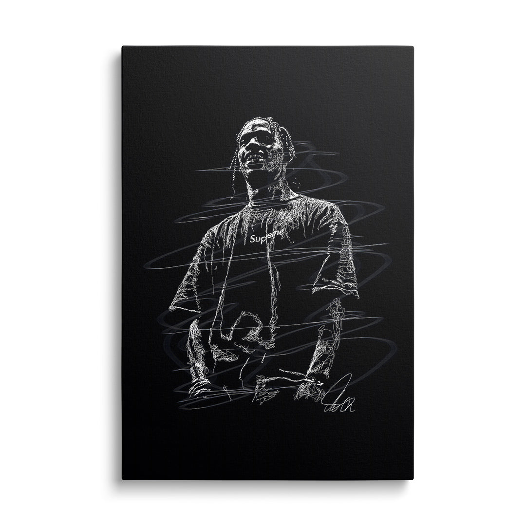 Modern pop art canvas print of a rapper in street art ink drawing style, wearing a Supreme T-shirt on black canvas