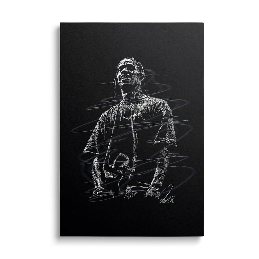 Modern pop art canvas print of a rapper in street art ink drawing style, wearing a Supreme T-shirt on black canvas