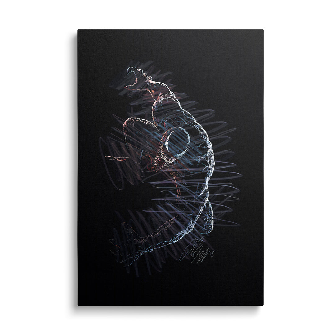 Modern canvas print with Venom in neon lines, dynamic street art movement from the front