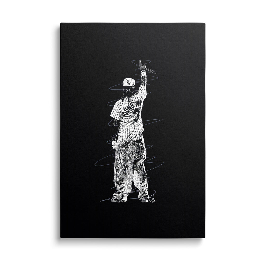 Motivational canvas print with a linear illustration of a rapper in a baseball jersey on a black background, front view