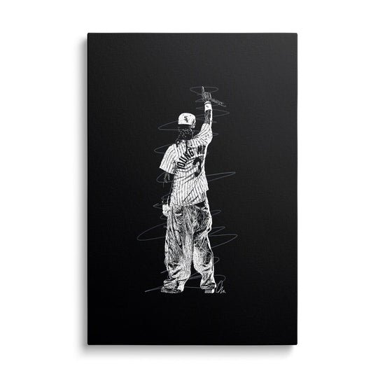 Motivational canvas print with a linear illustration of a rapper in a baseball jersey on a black background, front view
