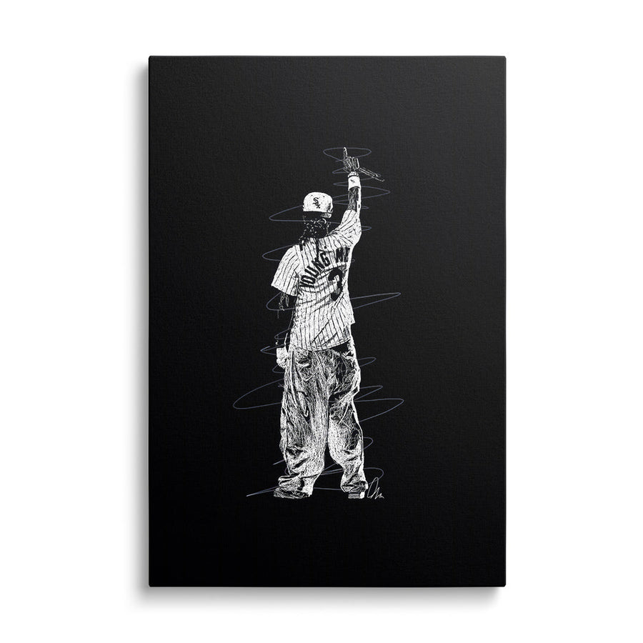Motivational canvas print with a linear illustration of a rapper in a baseball jersey on a black background, front view