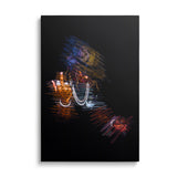Pop art wall art of a rapper in a hat and chains, neon street art portrait, modern wall art