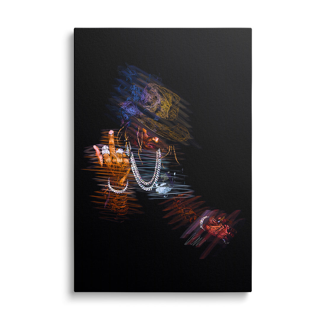 Pop art wall art of a rapper in a hat and chains, neon street art portrait, modern wall art