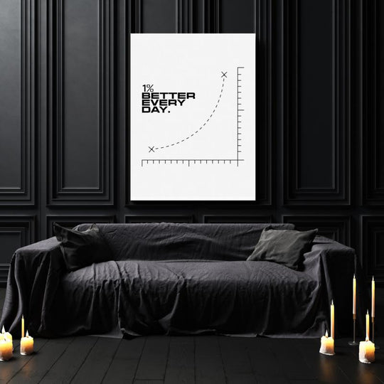 Motivational canvas wall art with “1% Better Every Day” quote and growth chart in a modern living room.