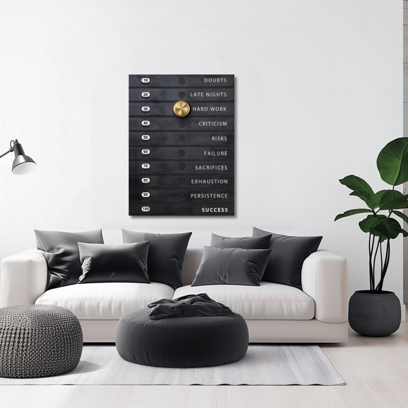 Motivational canvas wall art with a “Hard Work” dial in a modern living room, symbolizing the path to success.
