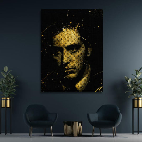 Luxury motivational canvas wall art with a black and gold portrait, monogram pattern, street art and pop art style.