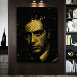 Motivational pop art canvas wall art with a movie gangster and gold pattern hanging in an office among books.