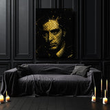 Luxury motivational canvas wall art with a golden cinematic male silhouette in a dark living room with candles.