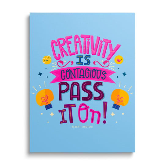 Motivational canvas print with an English quote and colorful glowing light bulbs, front view
