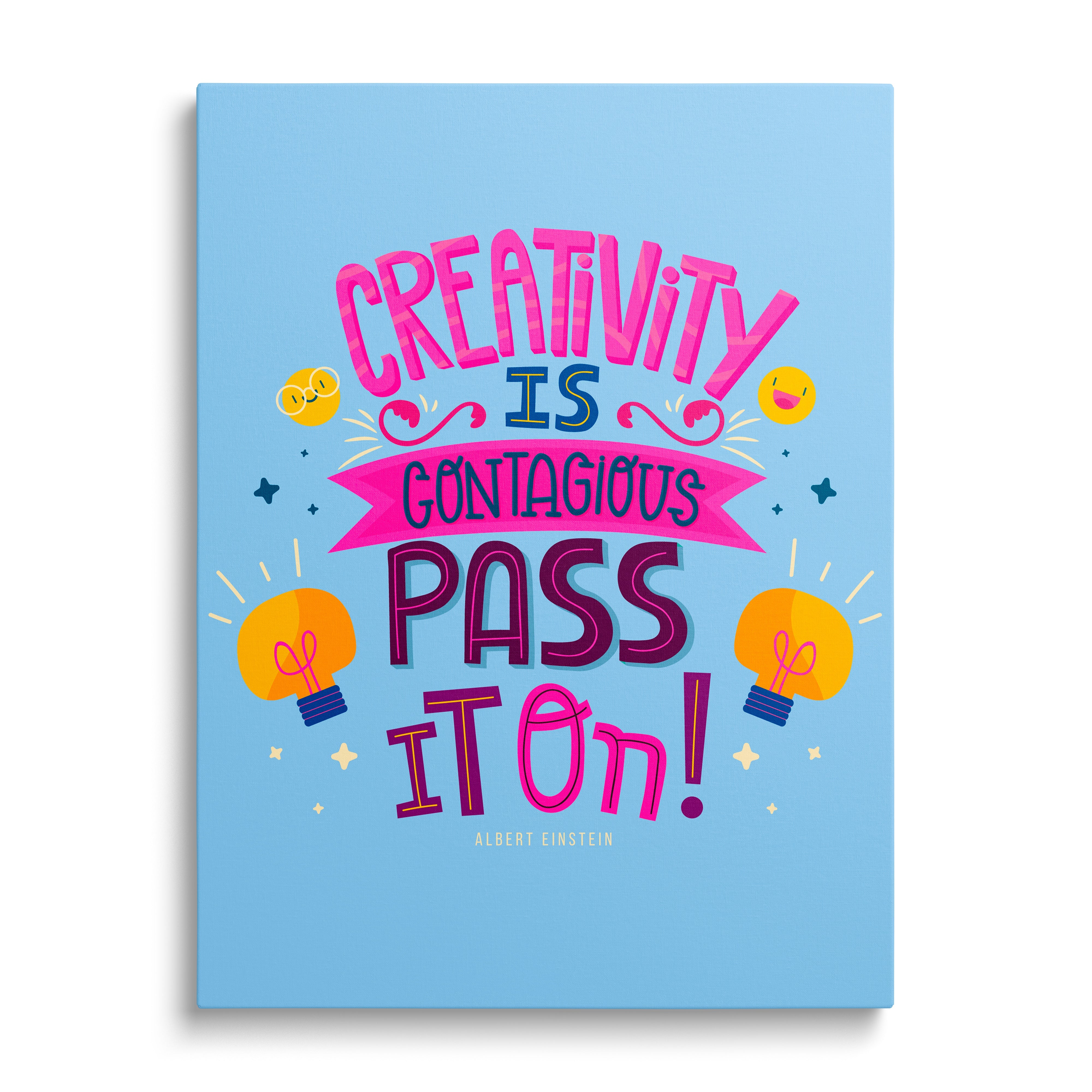 Motivational canvas print with an English quote and colorful glowing light bulbs, front view