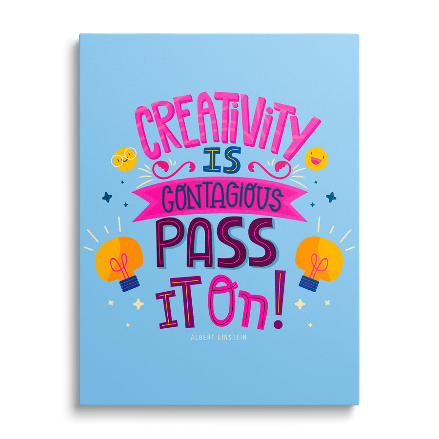 Motivational canvas print with an English quote and colorful glowing light bulbs, front view
