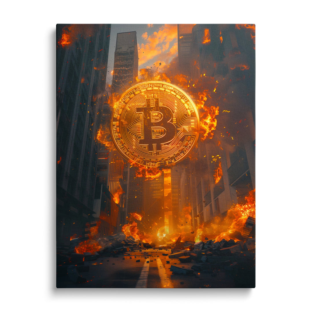 Motivational canvas print with a burning Bitcoin symbol above a ruined city street in a dark futuristic scene