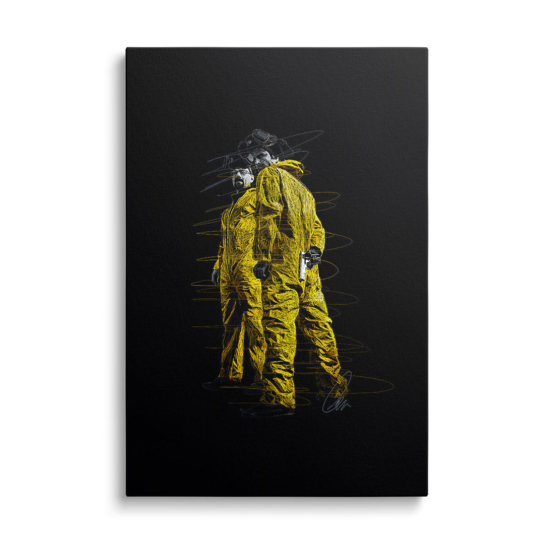 Motivational wall art with two figures in yellow protective suits, gas masks and a gun, front view