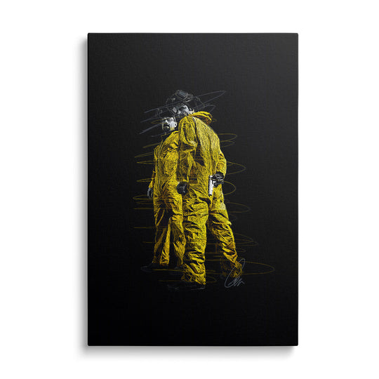 Motivational wall art with two figures in yellow protective suits, gas masks and a gun, front view