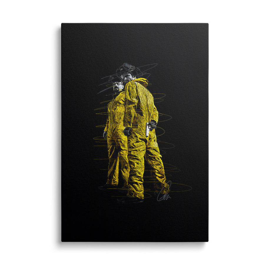 Motivational wall art with two figures in yellow protective suits, gas masks and a gun, front view