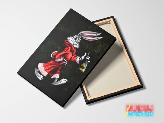 Luxury pop art canvas wall art with a rabbit in a red robe, champagne and a dollar bill motif.