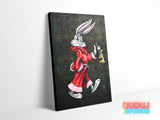 Motivational pop art canvas wall art with Bugs Bunny in a red luxury robe, champagne and a dollar motif.