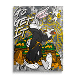 Motivational pop art canvas print with a front view of Bugs Bunny and piles of dollar bills in the background.