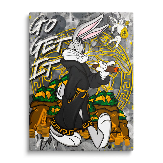 Motivational pop art canvas print with a front view of Bugs Bunny and piles of dollar bills in the background.