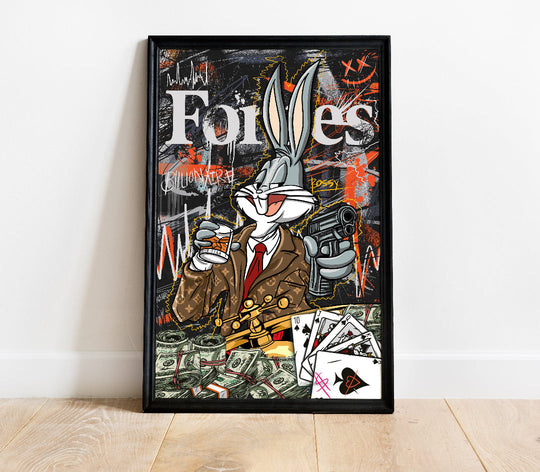 Bugs Bunny pop art wall art with a luxury suit, pistol, whiskey and stacks of money, front-facing wall decor motif.
