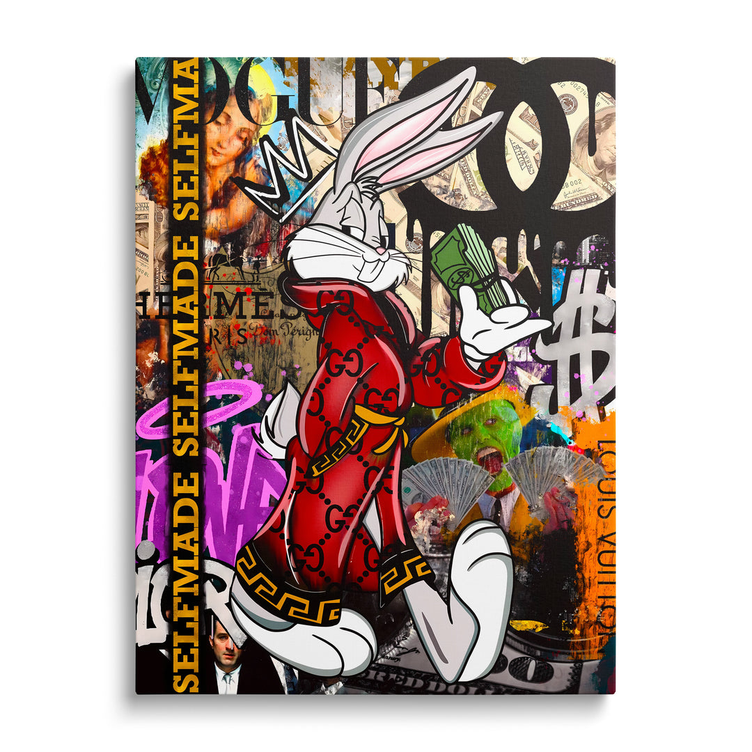 Pop art canvas print of Bugs Bunny in a red coat with a crown and stack of dollars in front of a street art background