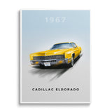 Motivational canvas wall art with a yellow vintage 1967 Cadillac Eldorado, front view