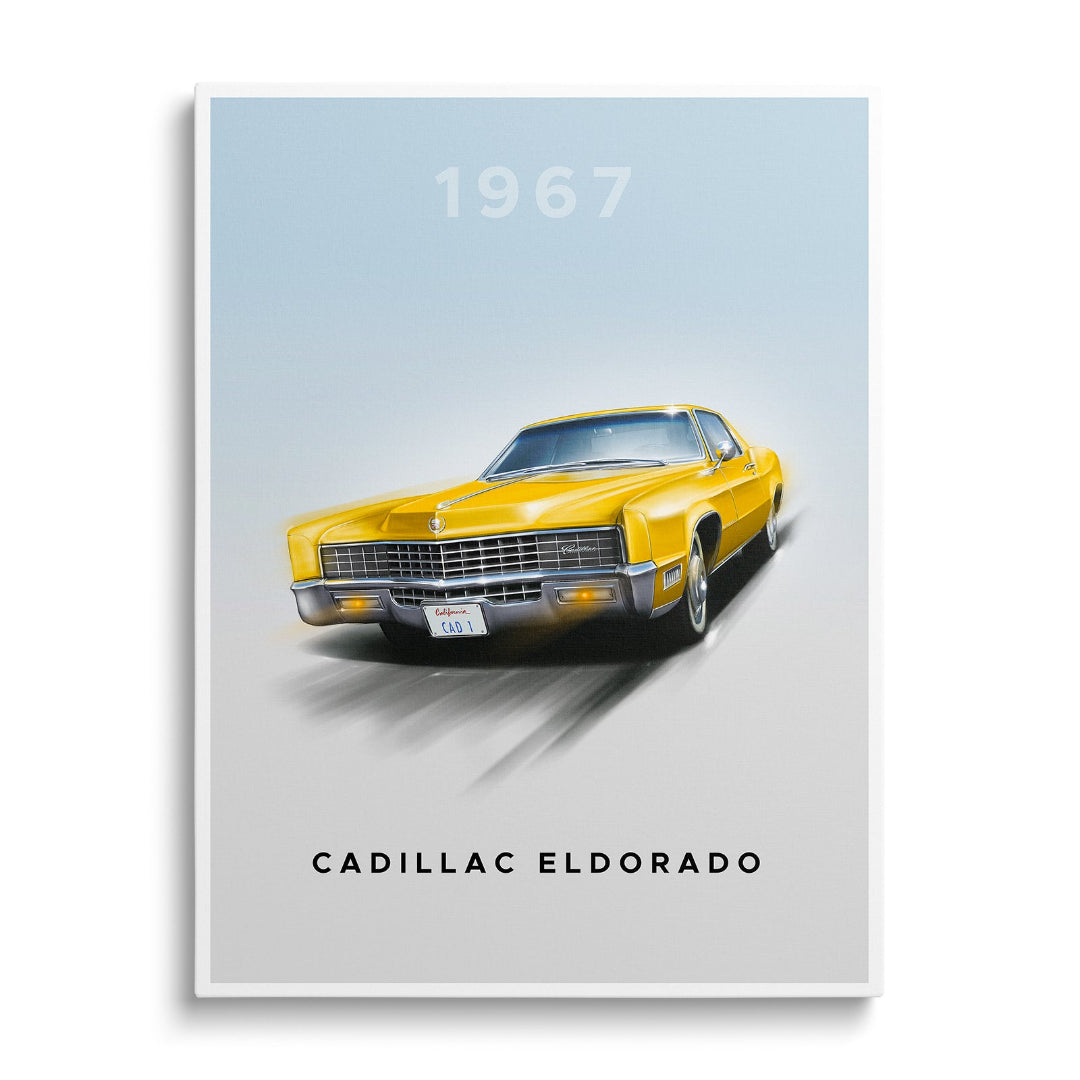Motivational canvas wall art with a yellow vintage 1967 Cadillac Eldorado, front view