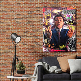 Pop art canvas print in a living room with DiCaprio, a bull, luxury car and graffiti as motivational wall art