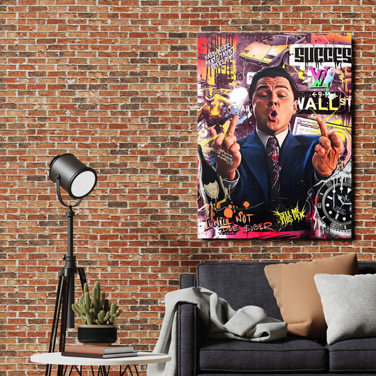 Pop art canvas print in a living room with DiCaprio, a bull, luxury car and graffiti as motivational wall art