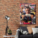 Motivational wall art with a pop art collage of a man holding a banknote, bull, luxury car and watch in a modern living room