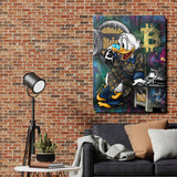 Motivational pop art wall art with a duck collecting Bitcoin and gold coins on a brick wall