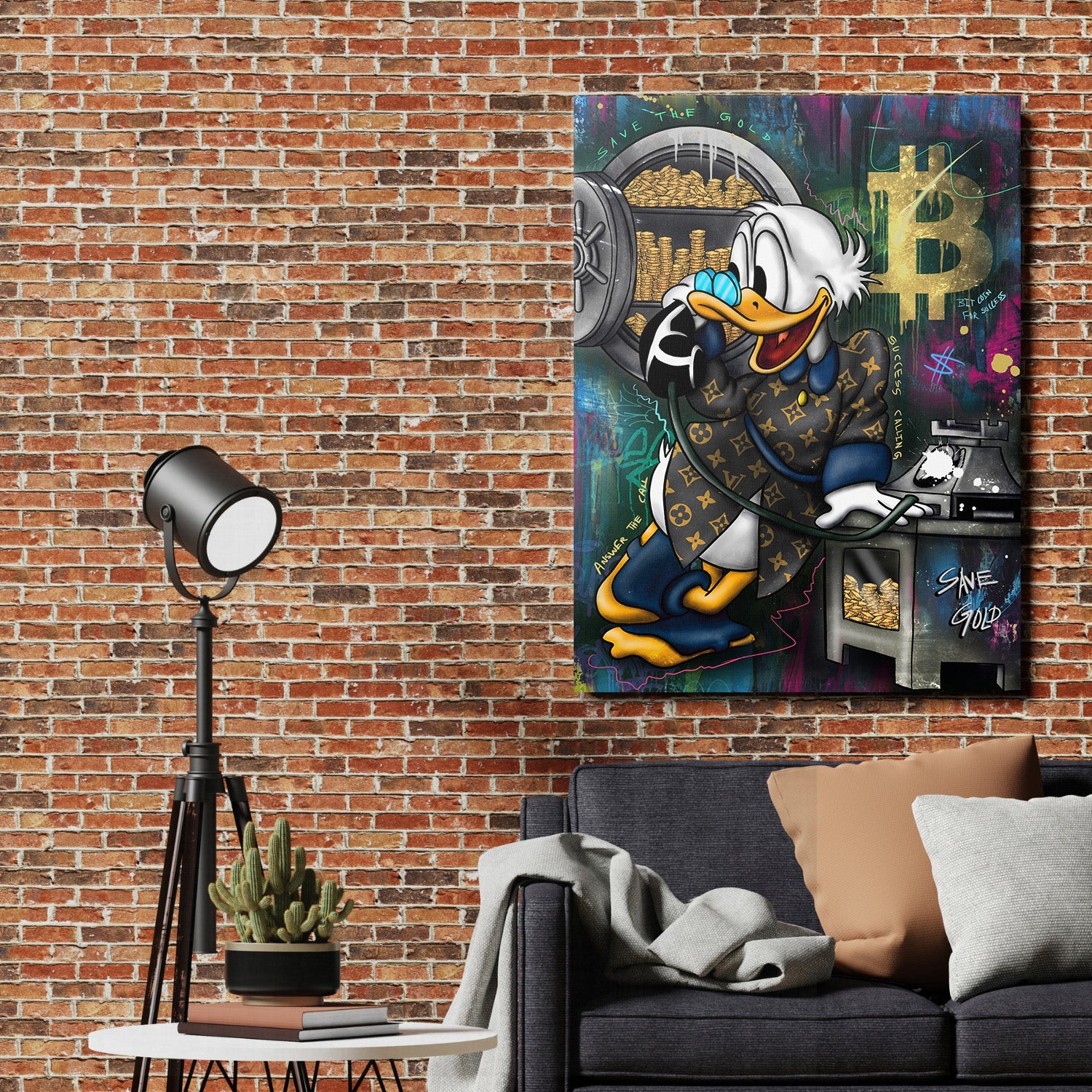 Motivational pop art wall art with a duck collecting Bitcoin and gold coins on a brick wall