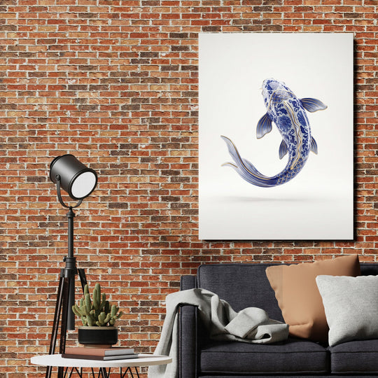 Motivational wall art with a blue-and-white koi carp in a porcelain style on a brick wall, lifestyle decor